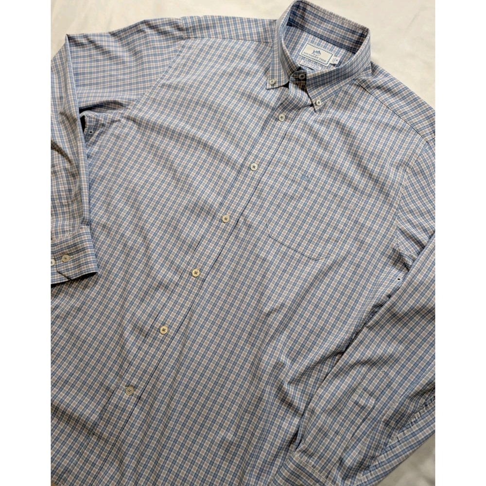 Southern‎ Tide Intercoastal Shirt Mens Med Blue Plaid L/S Nylon Stretch Wicking